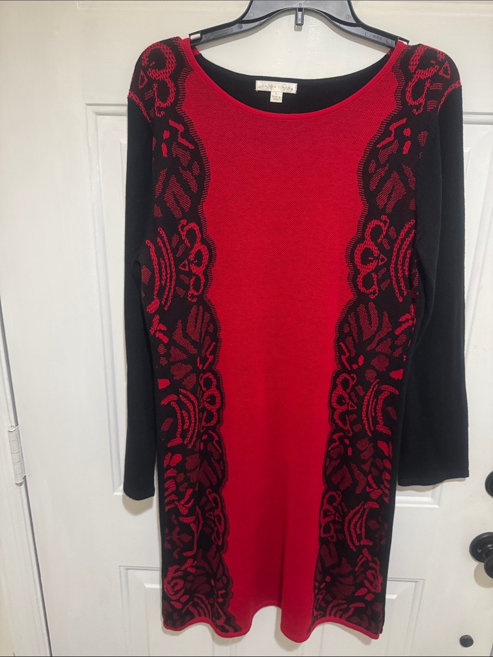London Times Red and Black Long Sleeve Knit Dress